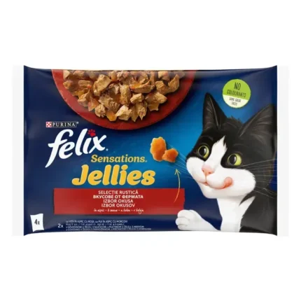 Purina Felix Sensations паучове за котки с вкусове от фермата в желе 4x85 гр.
