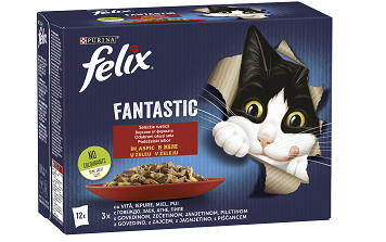 Purina Felix Fantastic паучове за котки с пилешко, говеждо, агнешко и заешко в желе, 12 x 85 гр