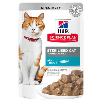 Hills Science Plan Young Adult Sterilised пауч за кастрирани котки с пъстърва, 85 гр.