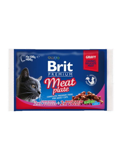 Brit Cat Adult Meat Plate паучове за котка хапки с месен деликатес в сос грейви, 4 x 100 гр.
