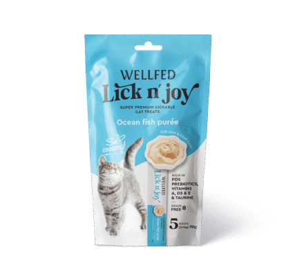 Wellfed Lick N’ Joy Ocean Fish кремообразно лакомство за котки с океанска риба, 5 х 14 гр