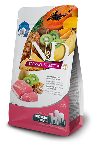 N&D Dog Tropical Selection Adult Medium & Maxi Pork суха храна за кучета от средни и едри породи със свинско, спелта, овес и тропически плодове