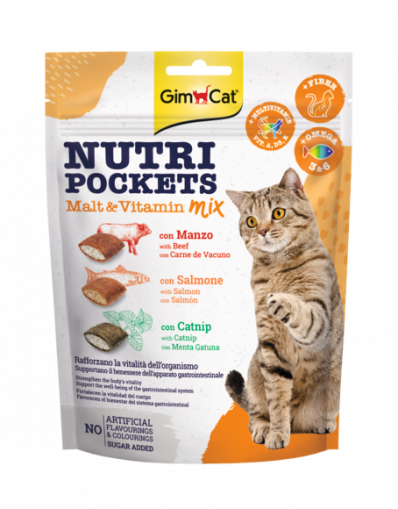 GimCat Nutri Pockets хрупкави хапки микс с говеждо и малц, мента и сьомга 150гр