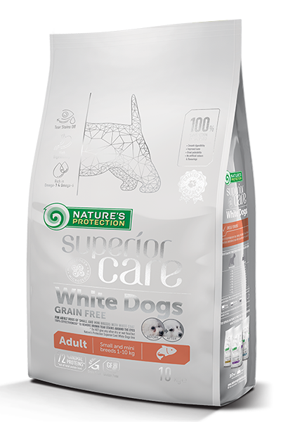 Natures Protection White Dogs Grain Free Salmon Adult Small and Mini Breed беззърнена храна със сьомга за израснали кучета от малки и мини породи с бяла козина 1.5кг