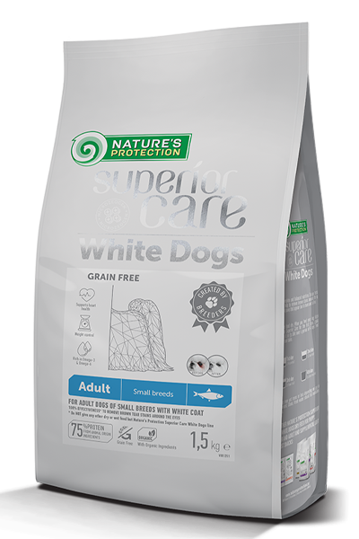 Natures Protection White dogs Grain Free With Herring Adult Small Breed беззърнена храна с херинга за израснали кучета от малки породи с бяла козина 1.5кг