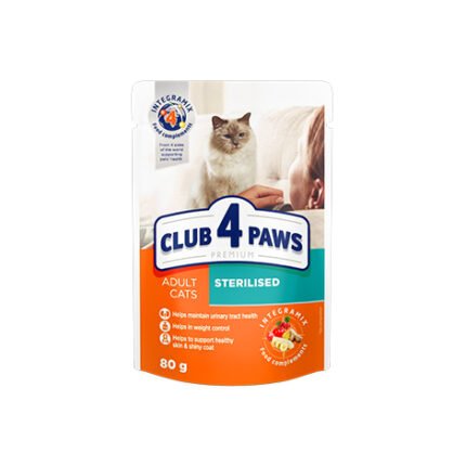 CLUB 4 PAWS храна за кастрирани котки с пилешко месо в желе 80гр