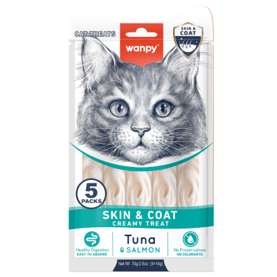 Wanpy Cat Skin&Coat кремообразно лакомство за котки за лъскава козина с риба тон и сьомга 5х14 гр