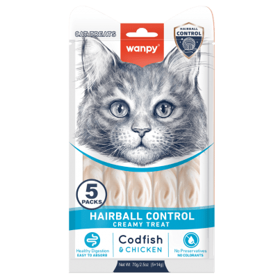 Wanpy Cat Hairball Control кремообразно лакомство за котки срещу топки косми с риба треска и пилешко 5х14 гр