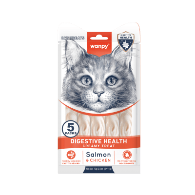 Wanpy Cat Digestive Health кремообразно лакомство за котки за добро храносмилане с пилешко и сьомга 5х14 гр