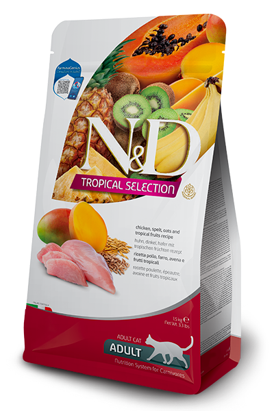 N&D Cat Adult Tropical Selection Chicken and Tropical Fruits суха храна за котки с пилешко, спелта, овес и тропически плодове