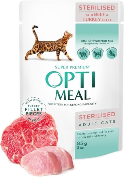 Opti Meal Pouch Adult Cat Sterilized Beef And Turkey Fillet Пауч за котки с телешко и пуешко в сос 85gr