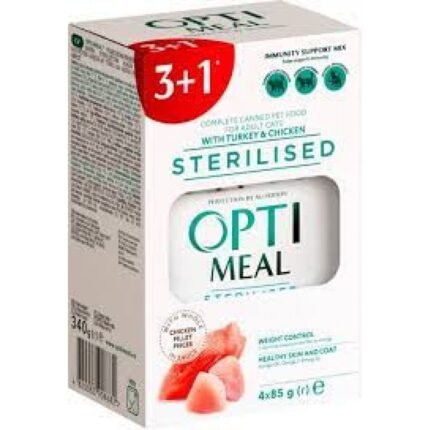 OPTI MEAL for sterilised cats chicken & turkey Опти мийл мокра храна за кастрирани котки пиле и пуйка 3+1
