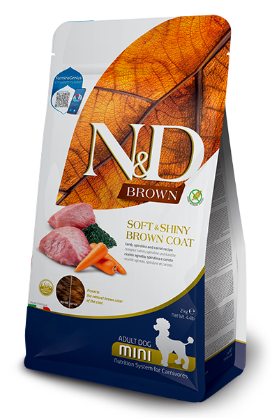 N&D Brown Adult Mini Суха храна за кучета с кафява козина за израснали мини породи, с агнешко, спирулина и морков