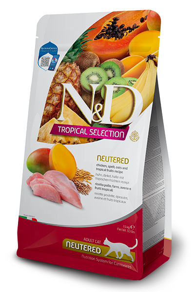 N&D Cat Adult Tropical Selection Neutered Chicken and Tropical Fruits суха храна за кастрирани котки с пилешко, спелта, овес и тропически плодове