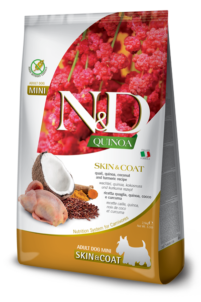 N&D Dog Quinoa Skin&Coat Quail  храна за кучета от всички породи с пъдпъдък, киноа, кокос и куркума